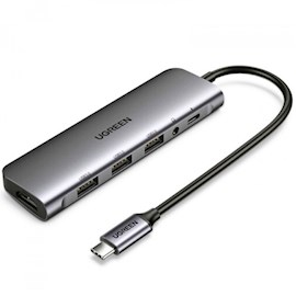 USB ჰაბი UGREEN CM136 (80132) USB-C To HDMI+3*USB 3.0 A+ AUX3.5mm+PD Power Converter